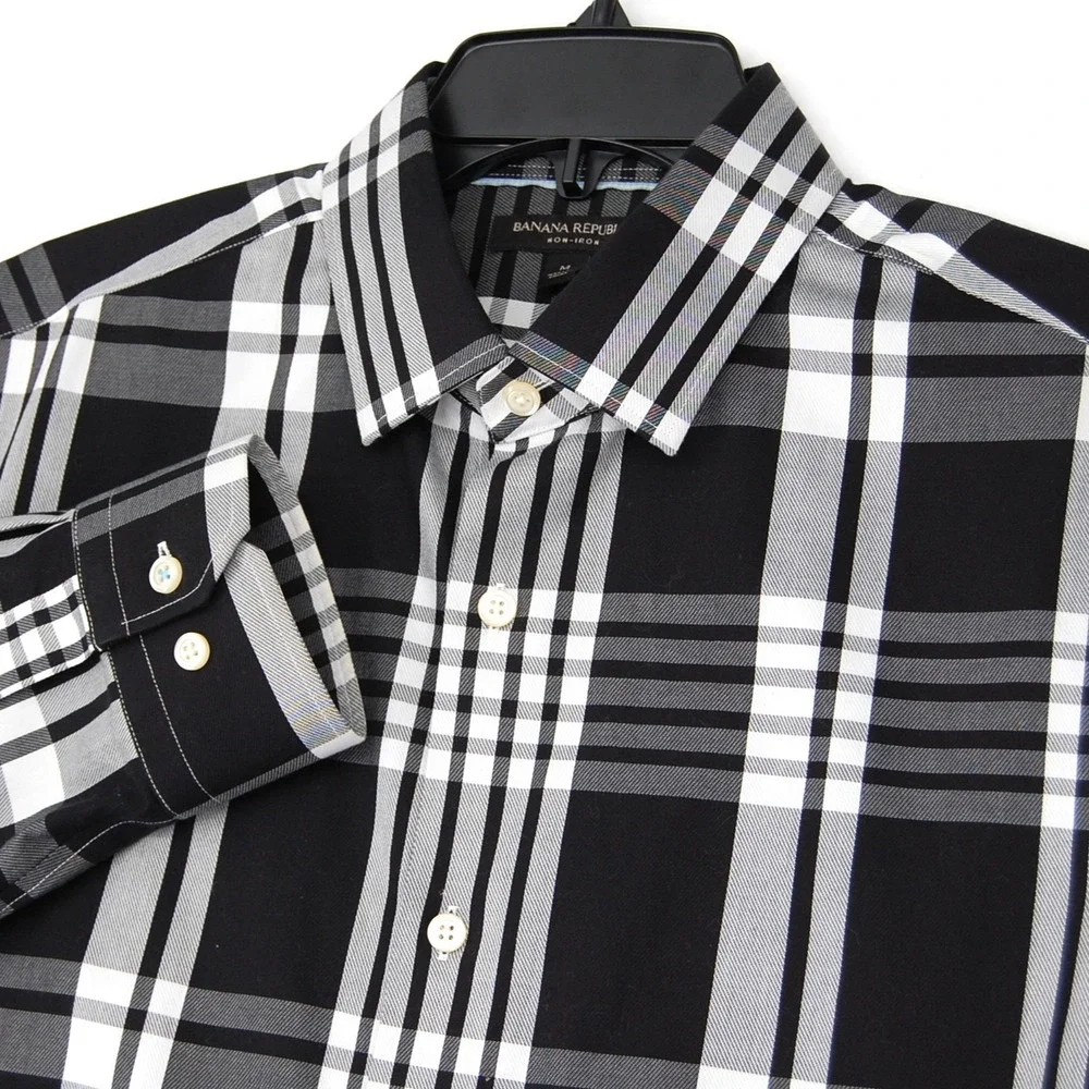 Banana Republic Mens Non Iron Plaid Button Down Shirt Black White Size‎ Medium